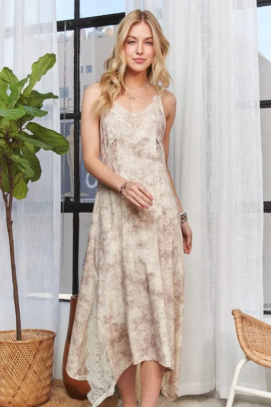 ADORA Printed Spaghetti Strap Midi Dress LT TAUPE