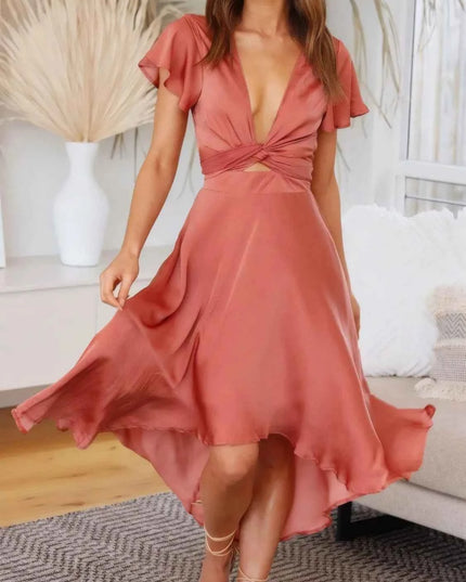 High-Low Plunge Flutter Sleeve Dress