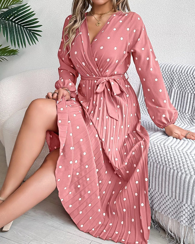 Front Tie Polka Dot Midi Pleated Dress