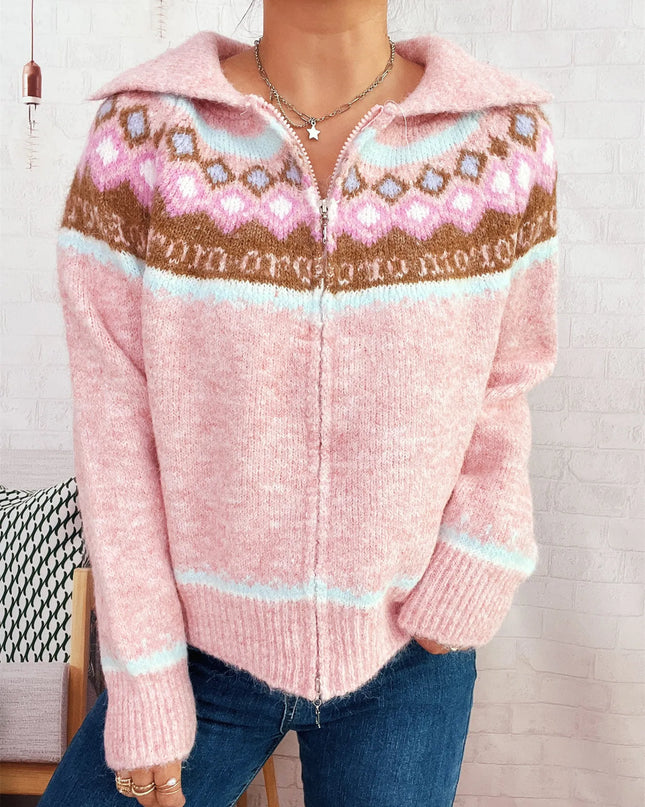 Fair Isle Pattern Zip-Up Cardigan