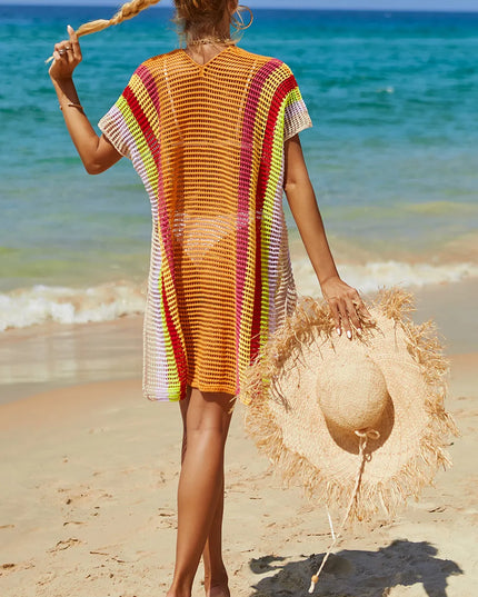 Angel Wings Openwork Striped Slit Knit Cover Up