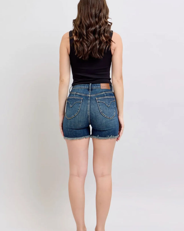 Judy Blue Tummy Control Fray Hem & Shield Back Pockets Denim Shorts