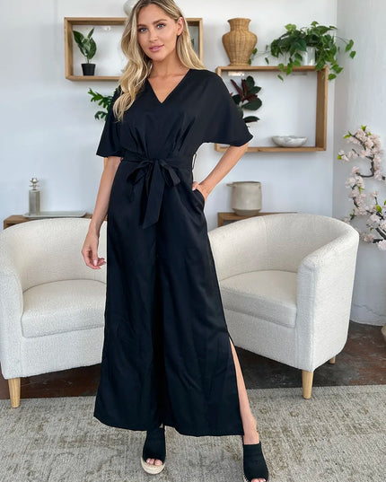 Double Take Full Size V-Neck Tied Side Slit Jumpsuit