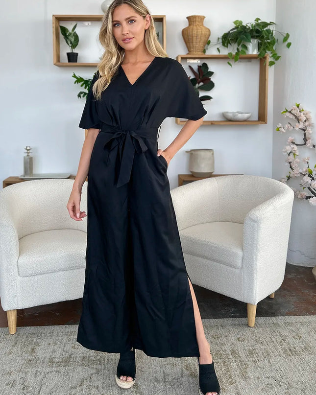 Double Take Full Size V-Neck Tied Side Slit Jumpsuit