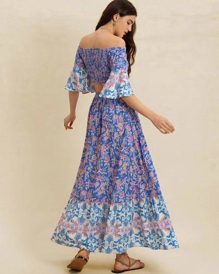 Smocked Off-Shoulder Printed Top and Skirt Set