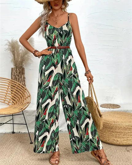 Tropical Print Spaghetti Strap Wide Leg Jumpsuit