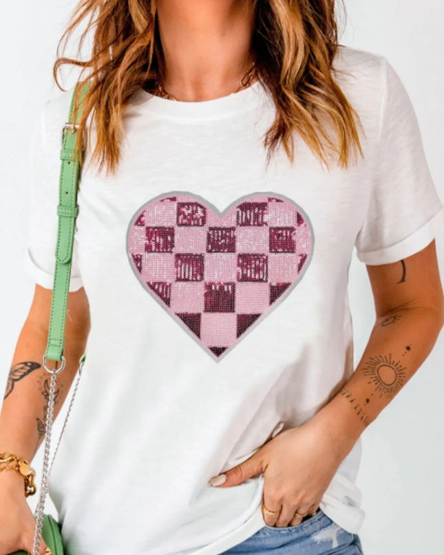 Sequin Checkered Heart Round Neck Short Sleeve T-Shirt
