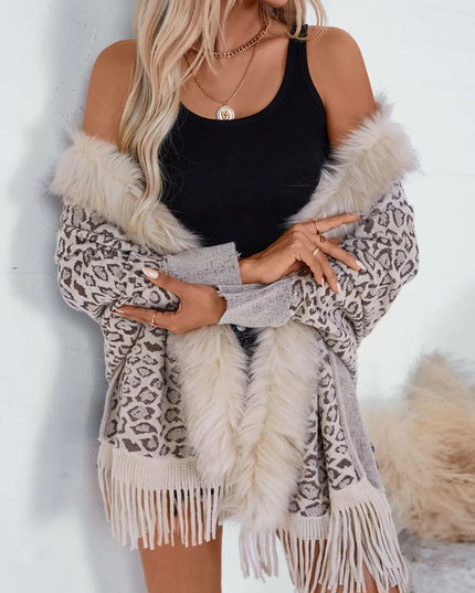 Fringe Leopard Open Front Long Sleeve Poncho Beige One Size