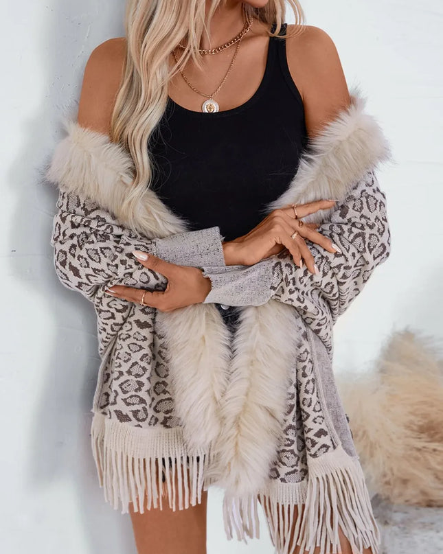 Fringe Leopard Open Front Long Sleeve Poncho Beige One Size