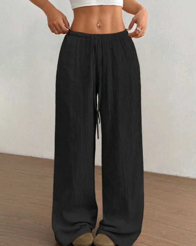 Wide Leg Drawstring Casual Pants Black