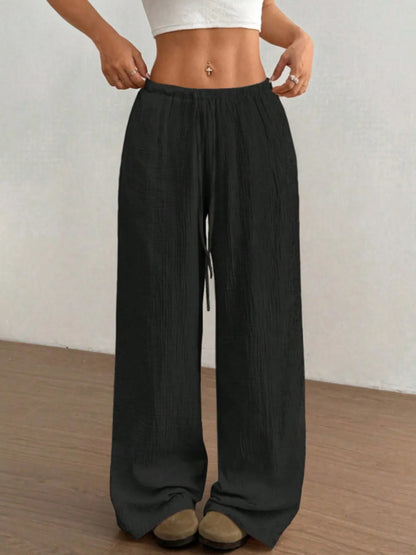 Wide Leg Drawstring Casual Pants Black
