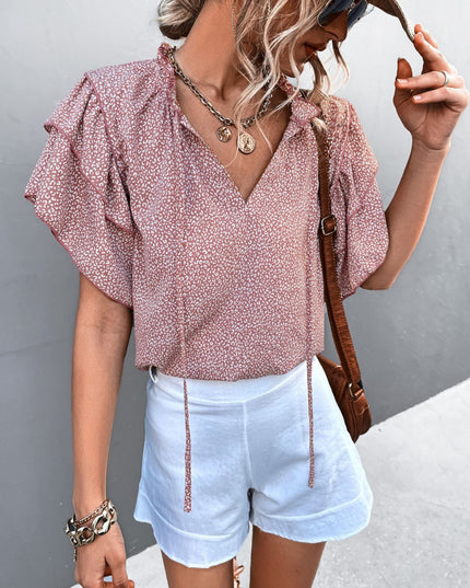 Printed Flutter Sleeve V-Neck Top Pink