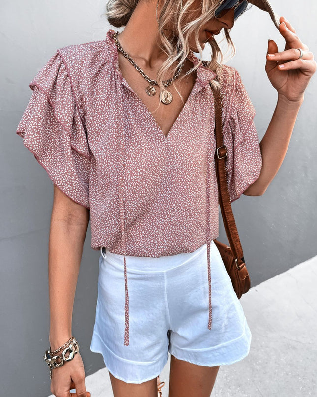 Printed Flutter Sleeve V-Neck Top Pink