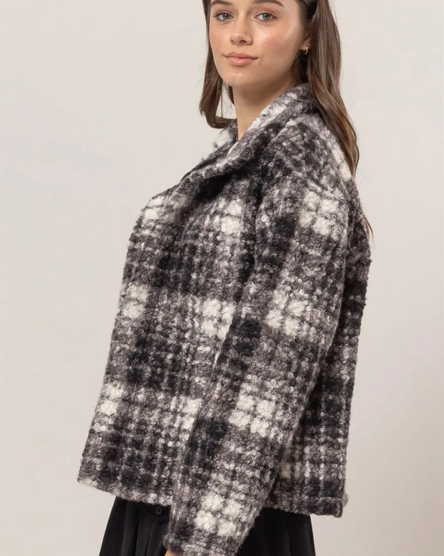 HYFVE Plaid Collared Neck Boucle Jacket with Pockets