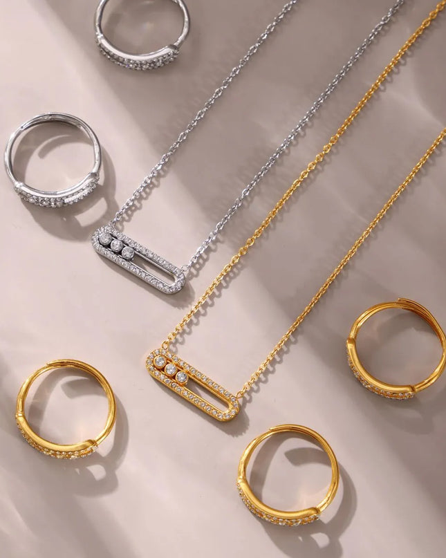 Moving Crystal Bar Necklace and Ring Jewelry Set 