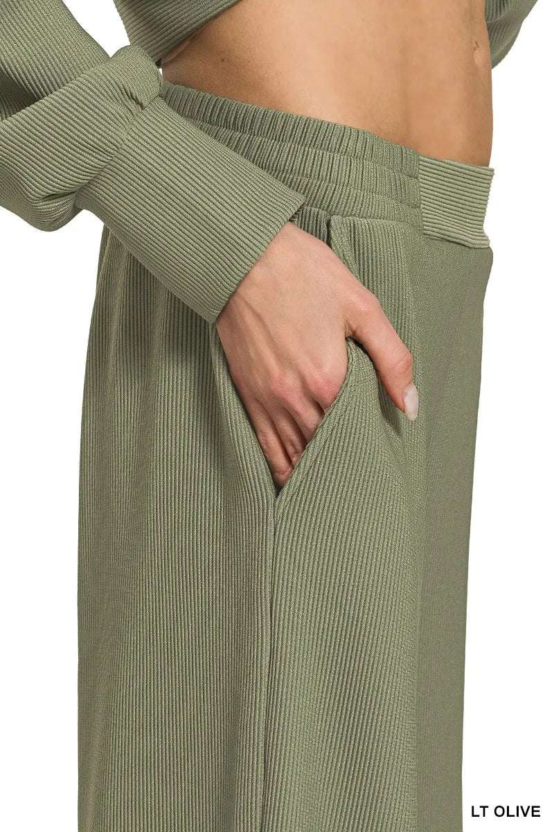 Zenana Ribbed High Neck Half Zip Pullover & Pants Set