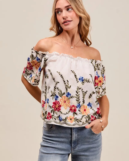 SO ME Floral Embroidered Two Way Off The Shoulder Blouse