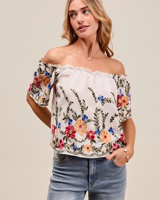 SO ME Floral Embroidered Two Way Off The Shoulder Blouse