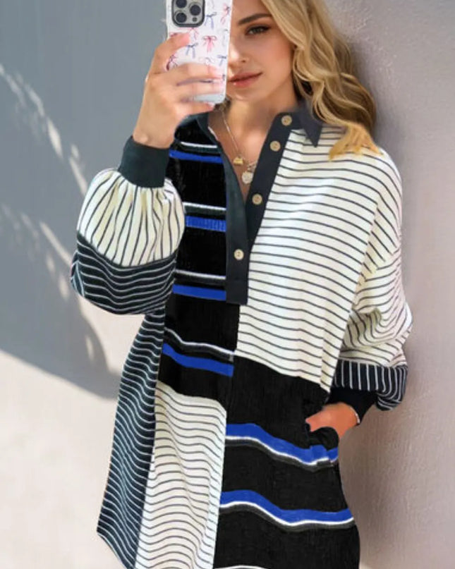 Oh Full Size Striped Half Button Long Sleeve Mini Dress Black