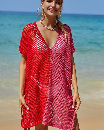 Angel Wings Openwork Contrast Slit Knit Cover Up Red One Size