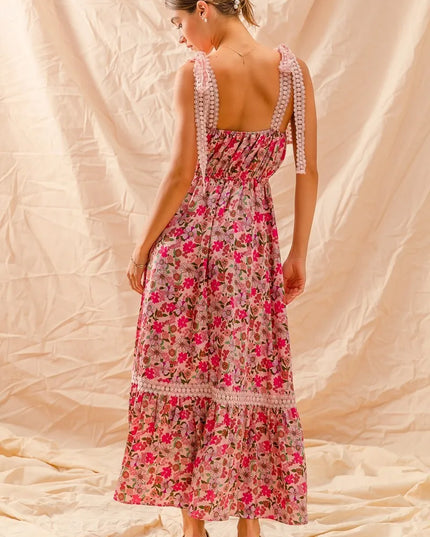 SO ME Floral Maxi Dress With Ribbon Tie Lace Strap
