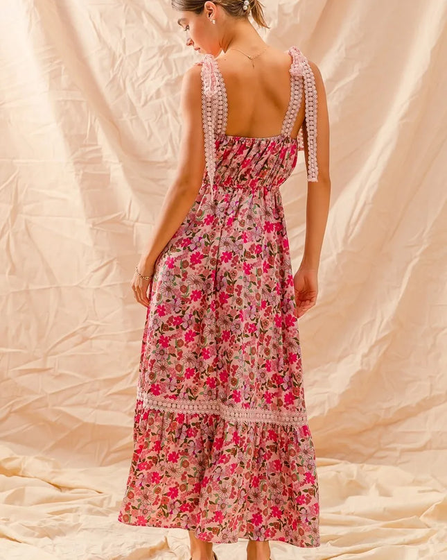 SO ME Floral Maxi Dress With Ribbon Tie Lace Strap