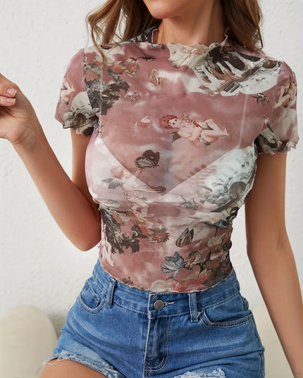 Abstract Print Ruffled Mock Neck Crop T-Shirt Dusty Pink