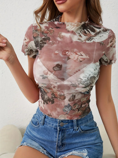 Abstract Print Ruffled Mock Neck Crop T-Shirt Dusty Pink