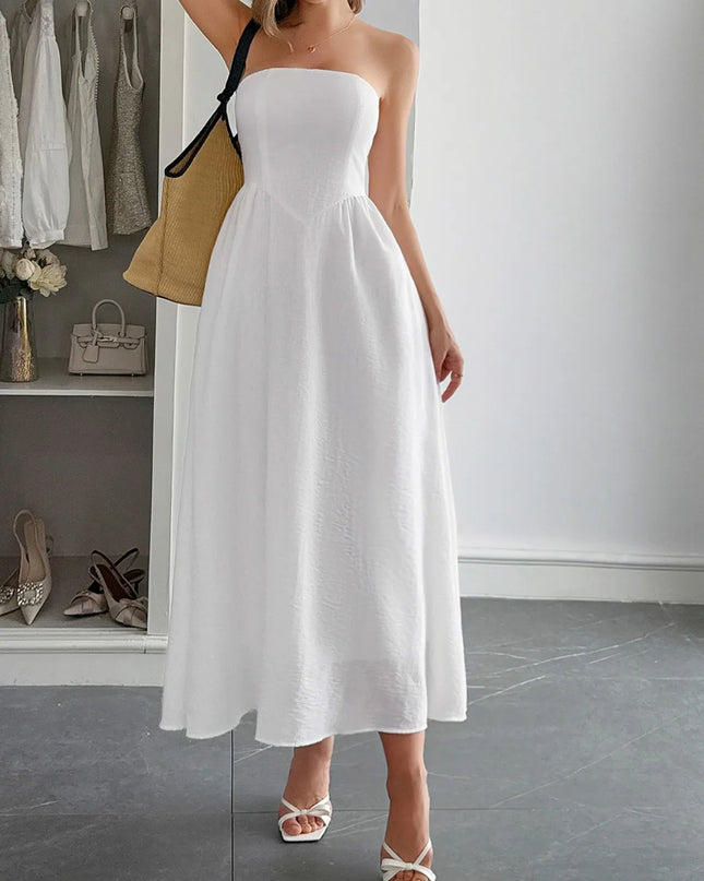 Strapless A-Line Midi Dress with Pockets 
