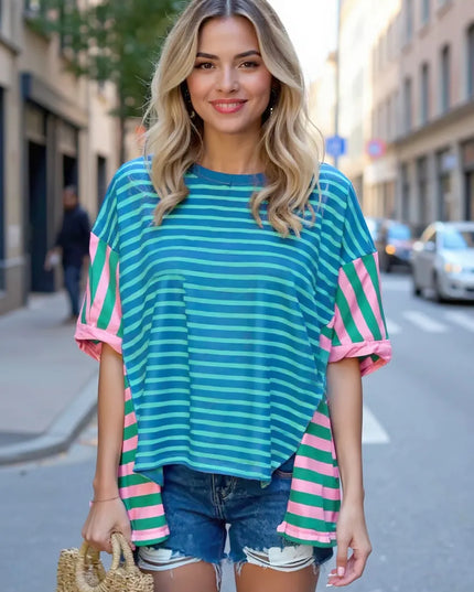 Colorful Striped Oversized T-Shirt Blue