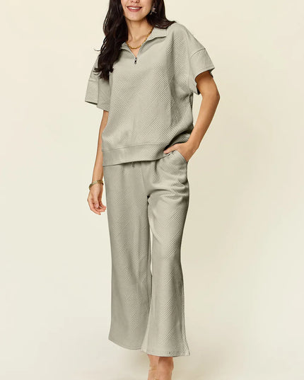 Double Take Full Size Texture Half Zip Short Sleeve Top and Pants Set Dust Storm