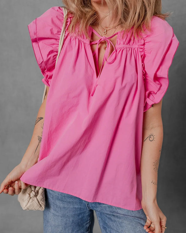 Shirred Tie Neck Ruffled Cap Sleeve Blouse