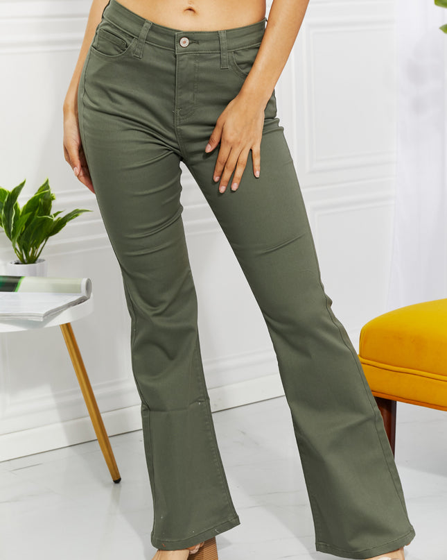 Zenana Clementine Full Size High-Rise Bootcut Jeans in Olive Matcha Green