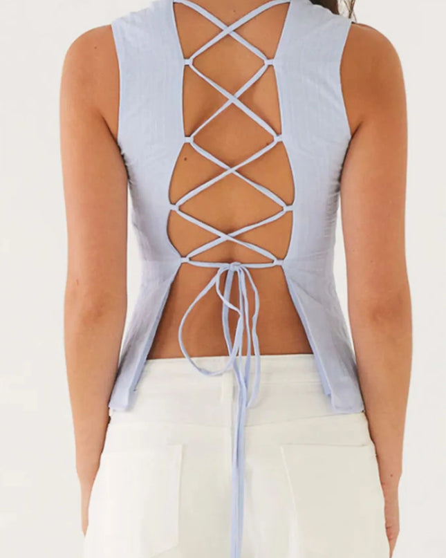 Back Lace Up Sleeveless Top with Cinched Waist Design