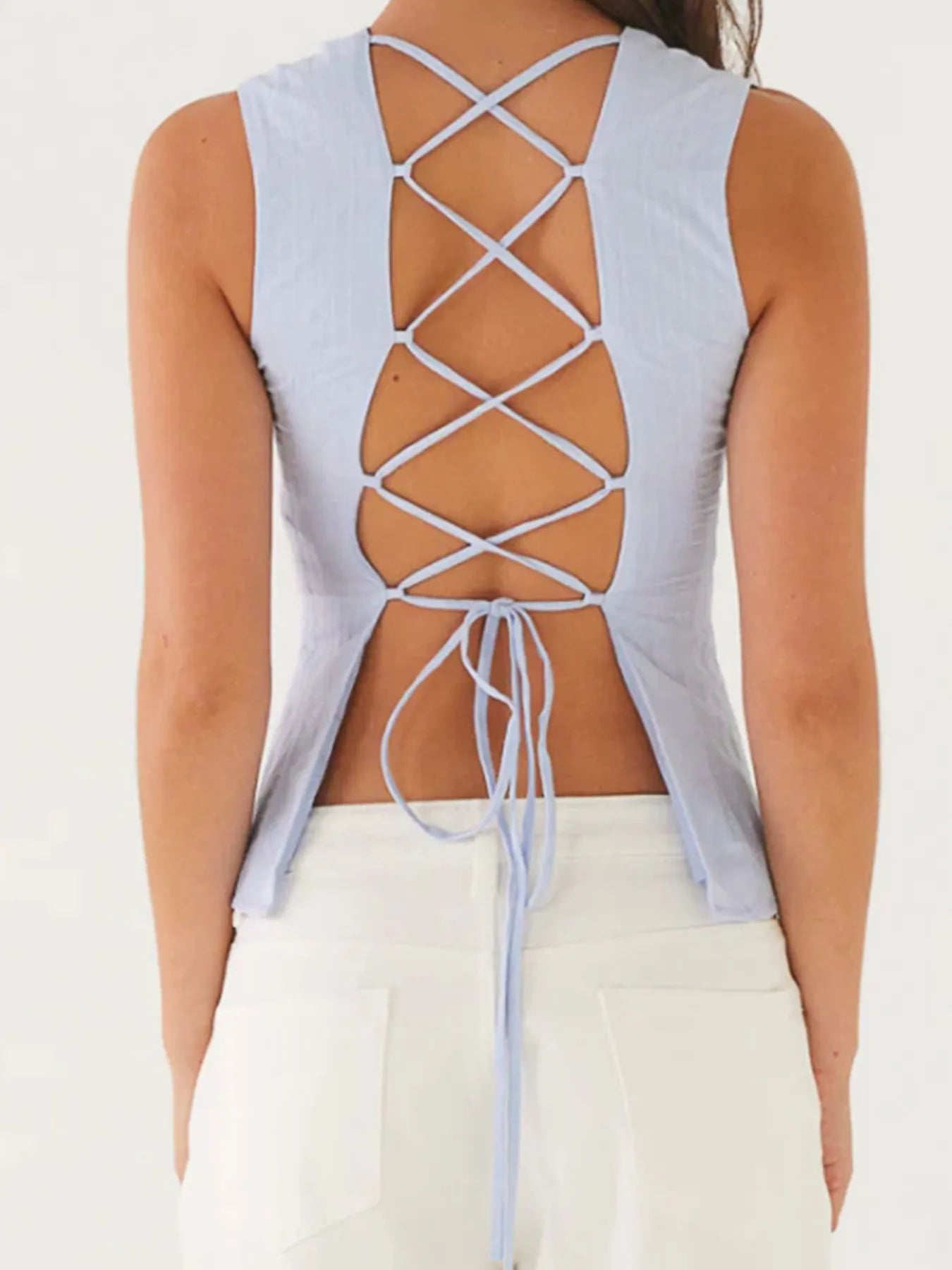 Back Lace Up Sleeveless Top with Cinched Waist Design