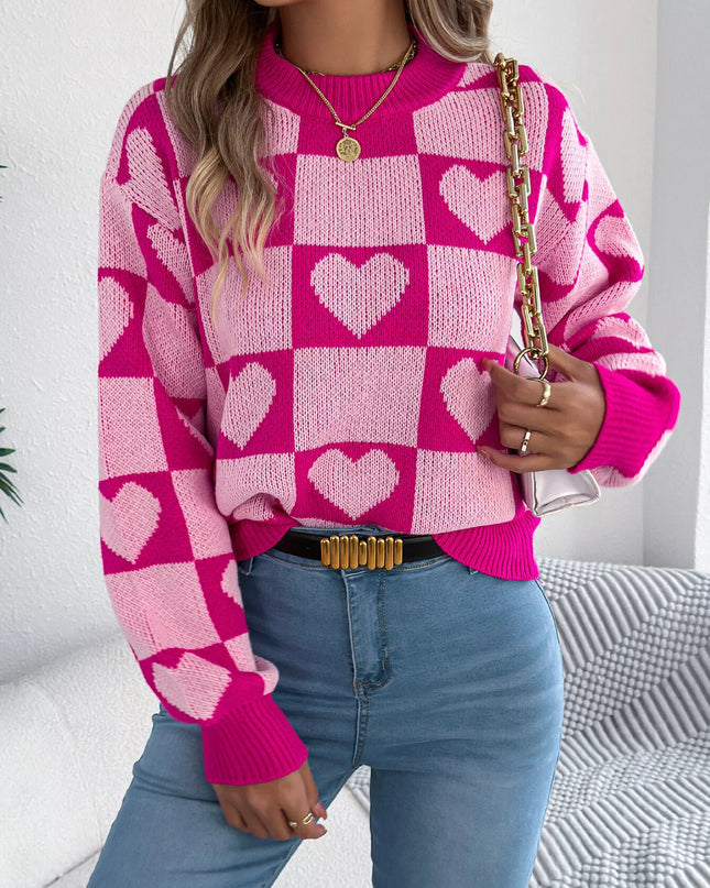 Heart Checkerboard Pattern Round Neck Sweater