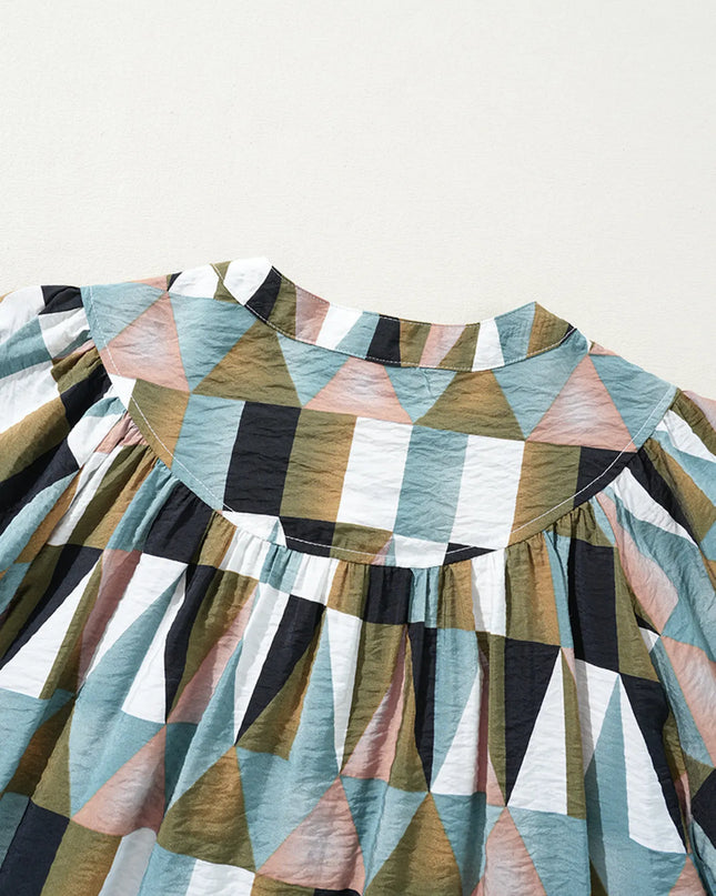 Geometric Print Buttoned Balloon Sleeve Loose Fit Shirt