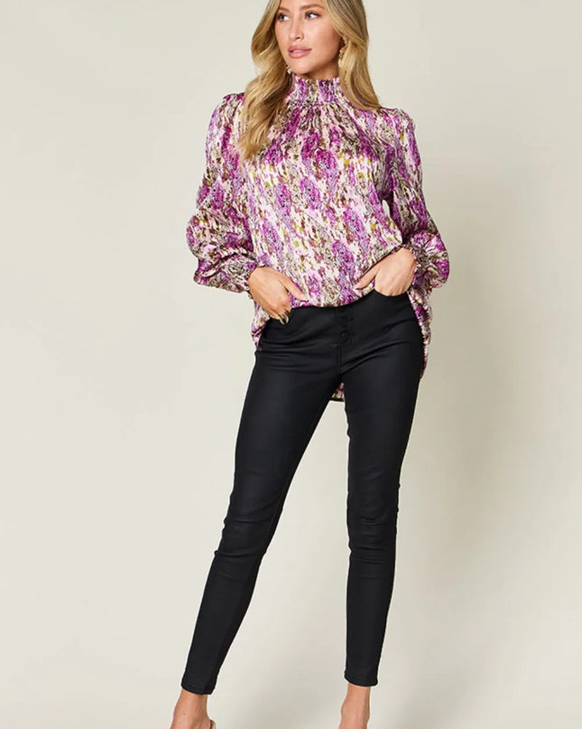 Double Take Full Size Printed Smocked Long Sleeve Blouse