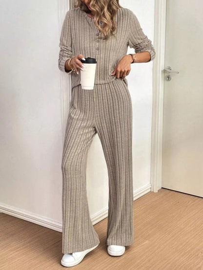 Button Detail Long Sleeve Top and Pants Set