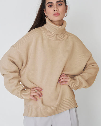 Turtle Neck Dropped Shoulder Sweater Khaki