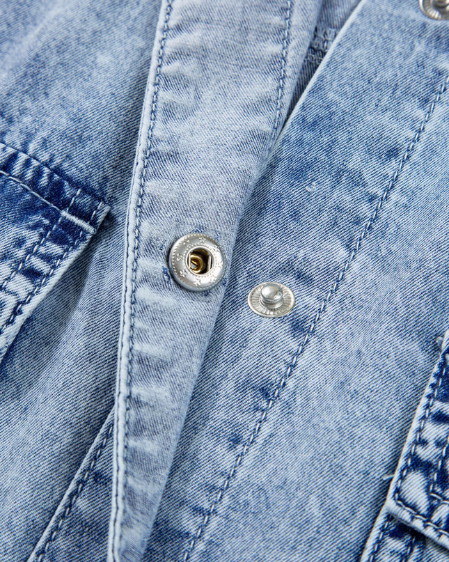 Chest Pocket Raw Hem Denim Loose Shirt Dress