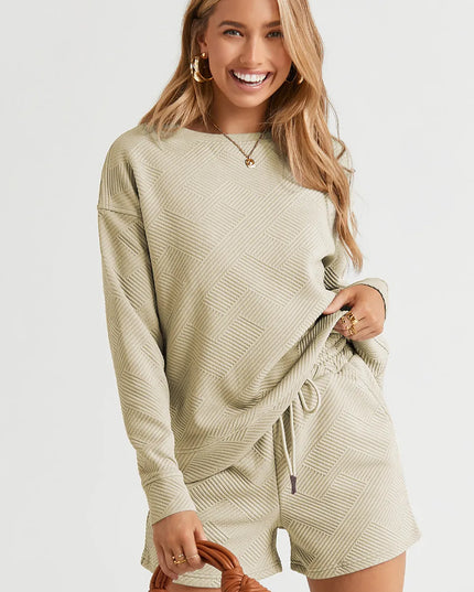 Double Take Full Size Texture Long Sleeve Top and Drawstring Shorts Set Tan