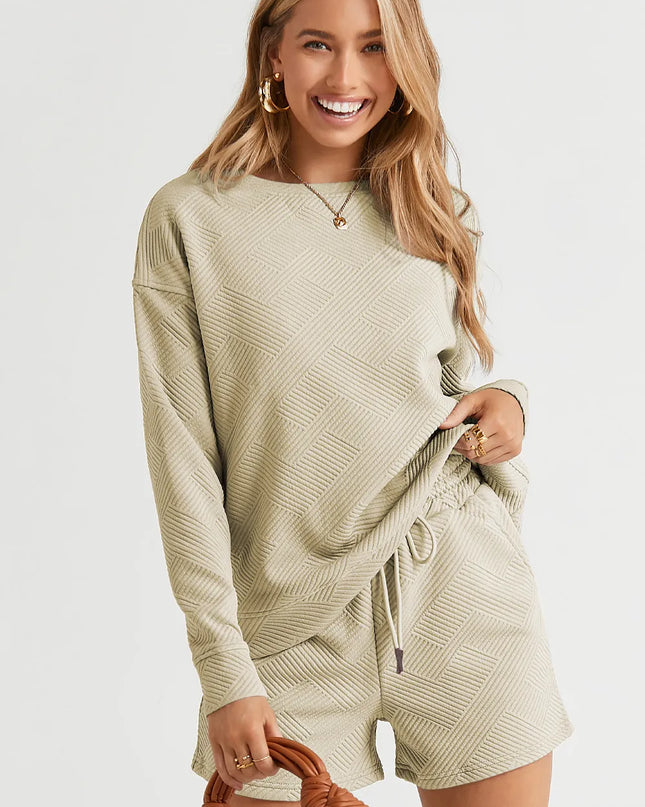 Double Take Full Size Texture Long Sleeve Top and Drawstring Shorts Set Tan
