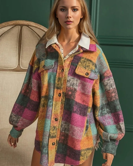 Double Take Full Size Button Up Plaid Fleece Shacket with Pockets Multicolored