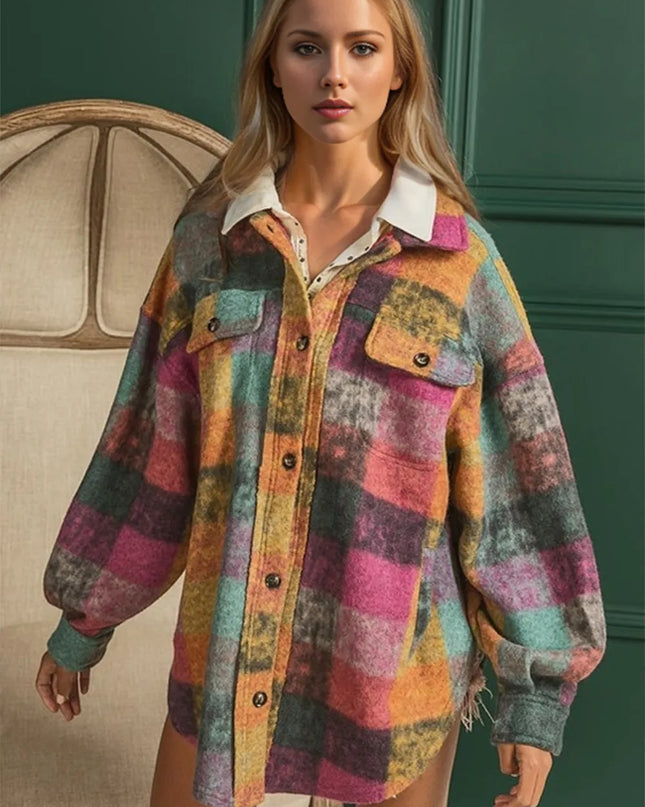 Double Take Full Size Button Up Plaid Fleece Shacket with Pockets Multicolored