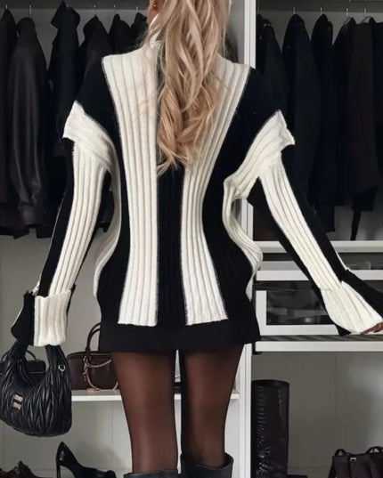 Color Block Ribbed Turtleneck Sweater