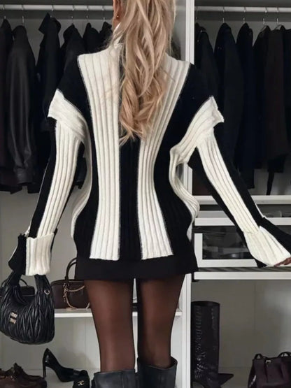 Color Block Ribbed Turtleneck Sweater