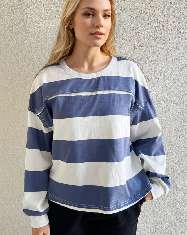 Oh Pima Cotton Wash Exposed Seam Contrast Striped Round Neck Long Sleeve T-Shirt