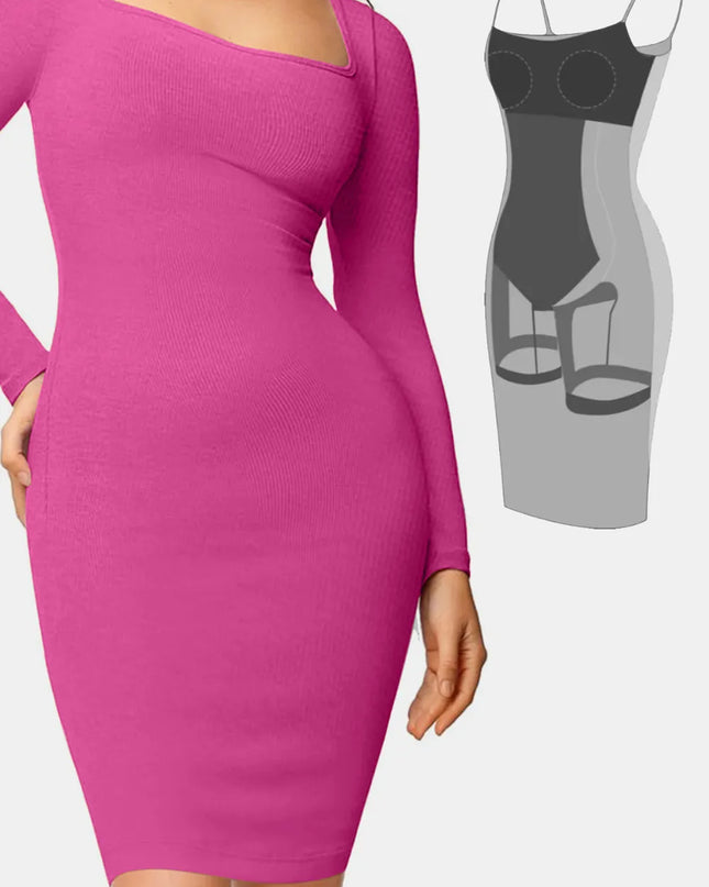 Basic Bae Full Size Built-In Shapewear Square Neck Long Sleeve Dress Fuchsia Pink