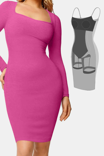 Basic Bae Full Size Built-In Shapewear Square Neck Long Sleeve Dress Fuchsia Pink